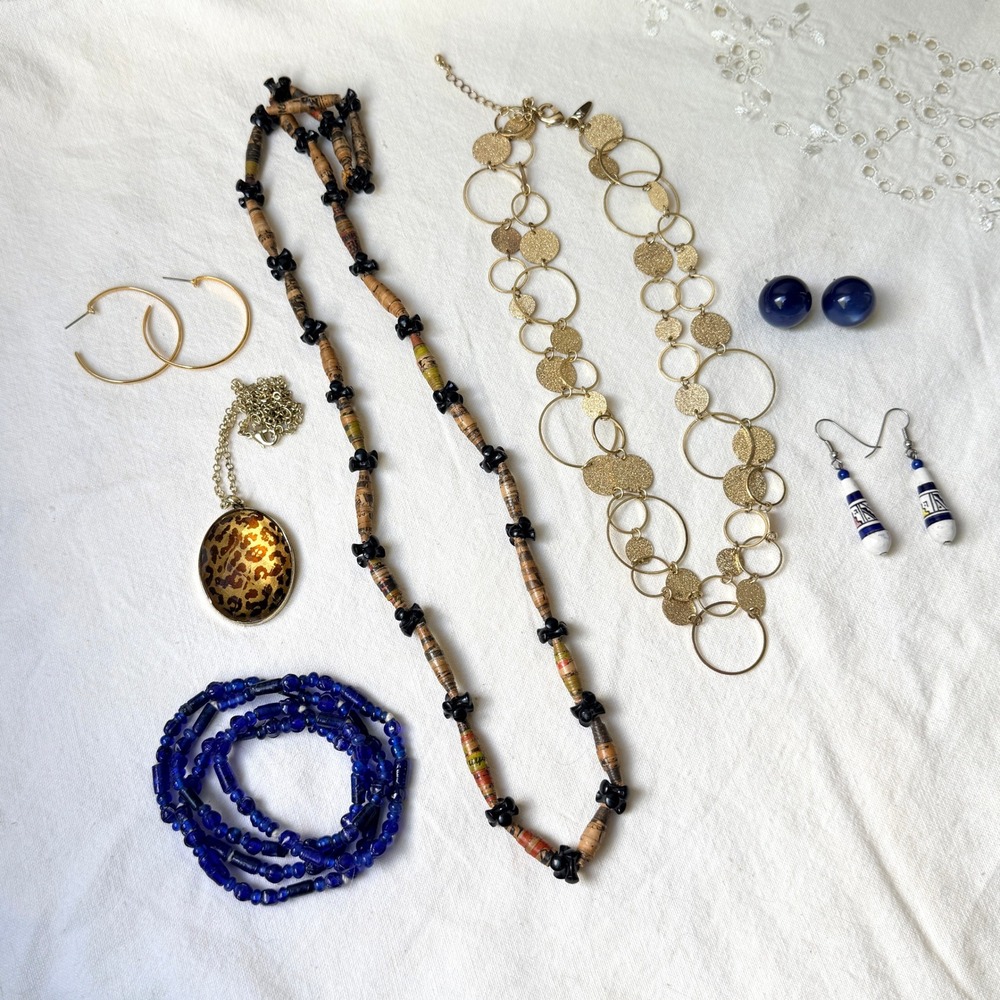 Vintage Jewelry Lot Boho Paper Bead Necklace Y2K Gold Cobalt Blue Bundle Earthy